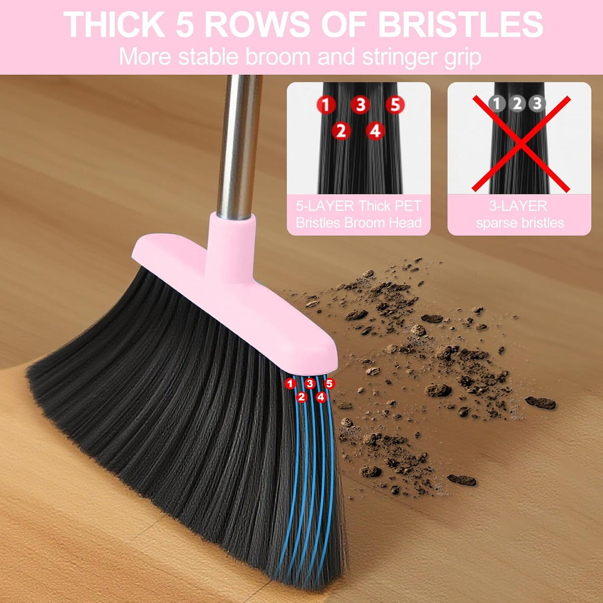 Broom with Dustpan Combo Set for Home, 52-in Long Adjustable Handle Angle Broom and Dustpan Set with Dustpan Comb Teeth for Sweeping Pet Hair Food Dirt Kitchen
