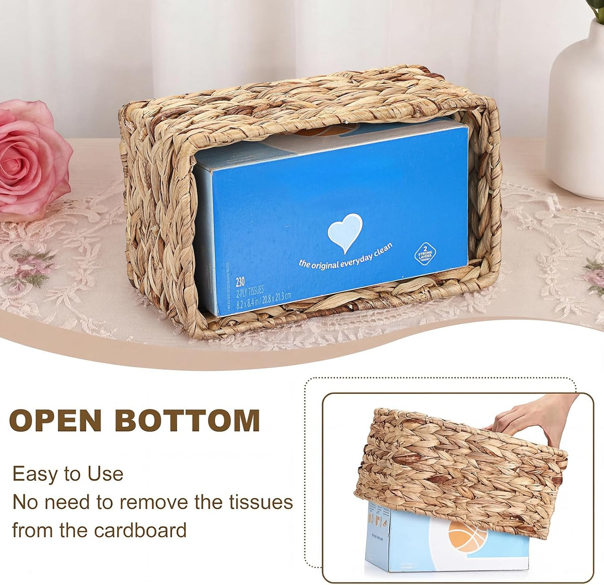 Sumnacon Rectangular Tissue Box Cover, Water Hyacinth Wicker Tissue Holder, Farmhouse Rustic Woven Tissue Dispenser with Open Bottom for Bathroom Kitchen Counter Toilet Desk Office Car, Natural (L)
