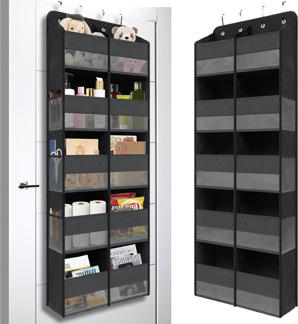 Black Over Door Organizer with 10 Large Front Pockets and 6 Side Mesh Pockets, Double-Row Hanging Door Storage for Closet, Bathroom, Nursery, Bedroom, Dorm, Toys, Cosmetics, Baby Essentials