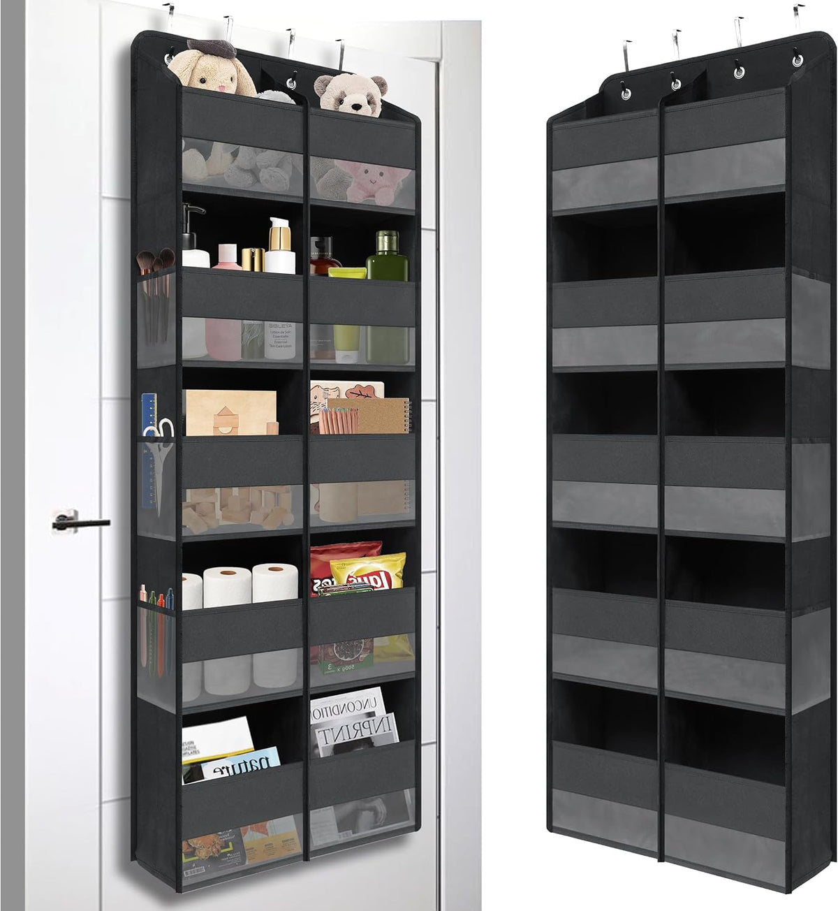 Black Over Door Organizer with 10 Large Front Pockets and 6 Side Mesh Pockets, Double-Row Hanging Door Storage for Closet, Bathroom, Nursery, Bedroom, Dorm, Toys, Cosmetics, Baby Essentials