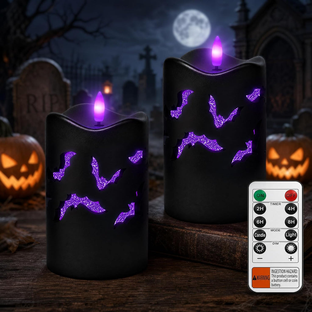 Halloween Flameless Pillar Candles with Bat Cutouts, Remote Control, 2 Pack