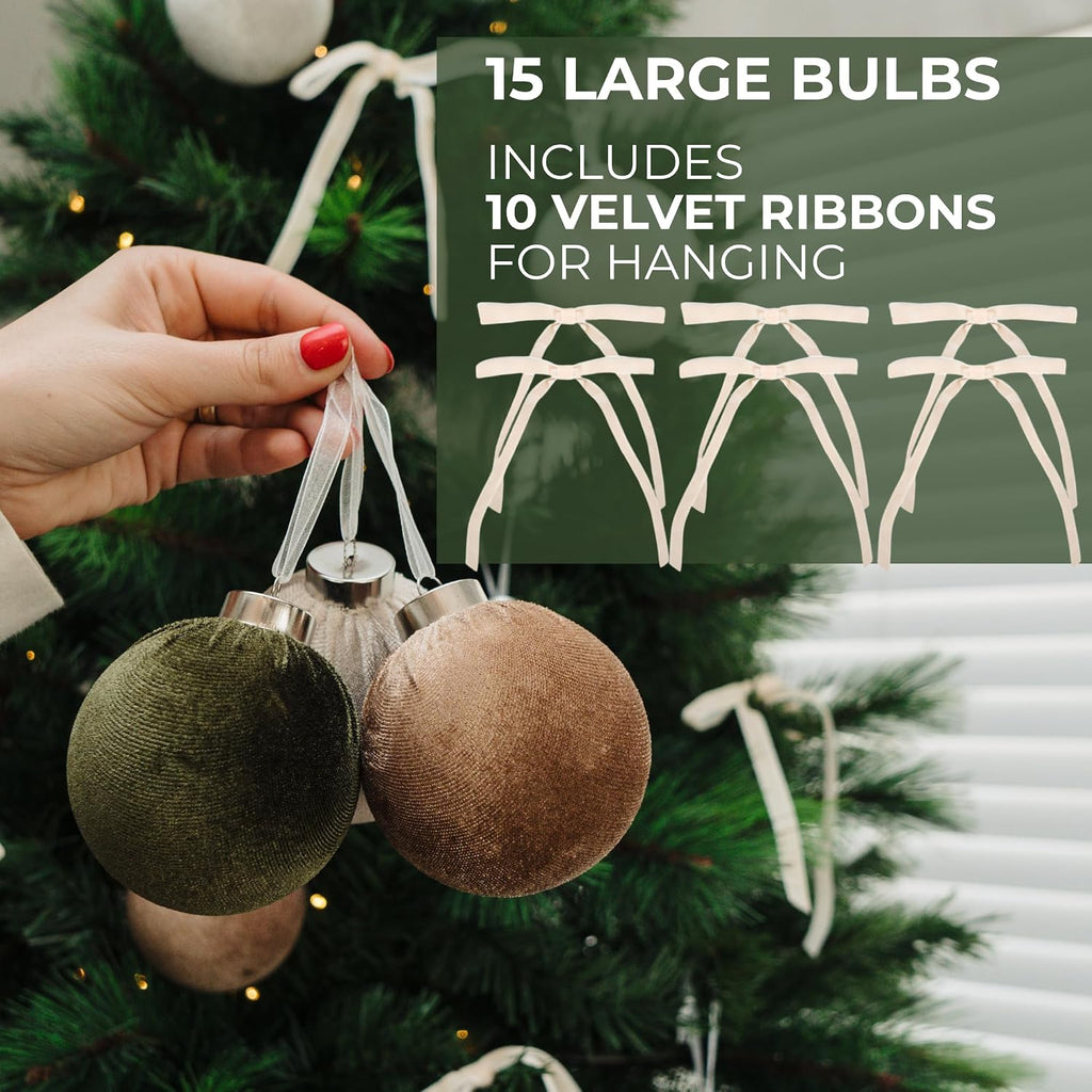 Elegant Velvet Christmas Ornaments Set - 15 Shatterproof Balls & 10 Bows