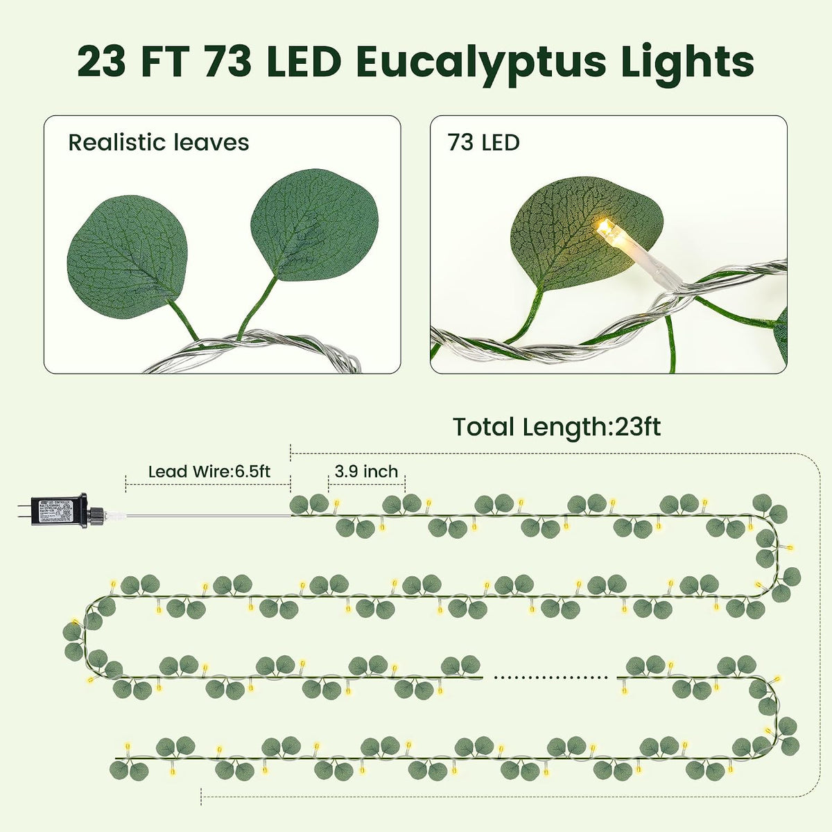 HEYFUNi 23FT Eucalyptus Garland with String Lights, Plug in