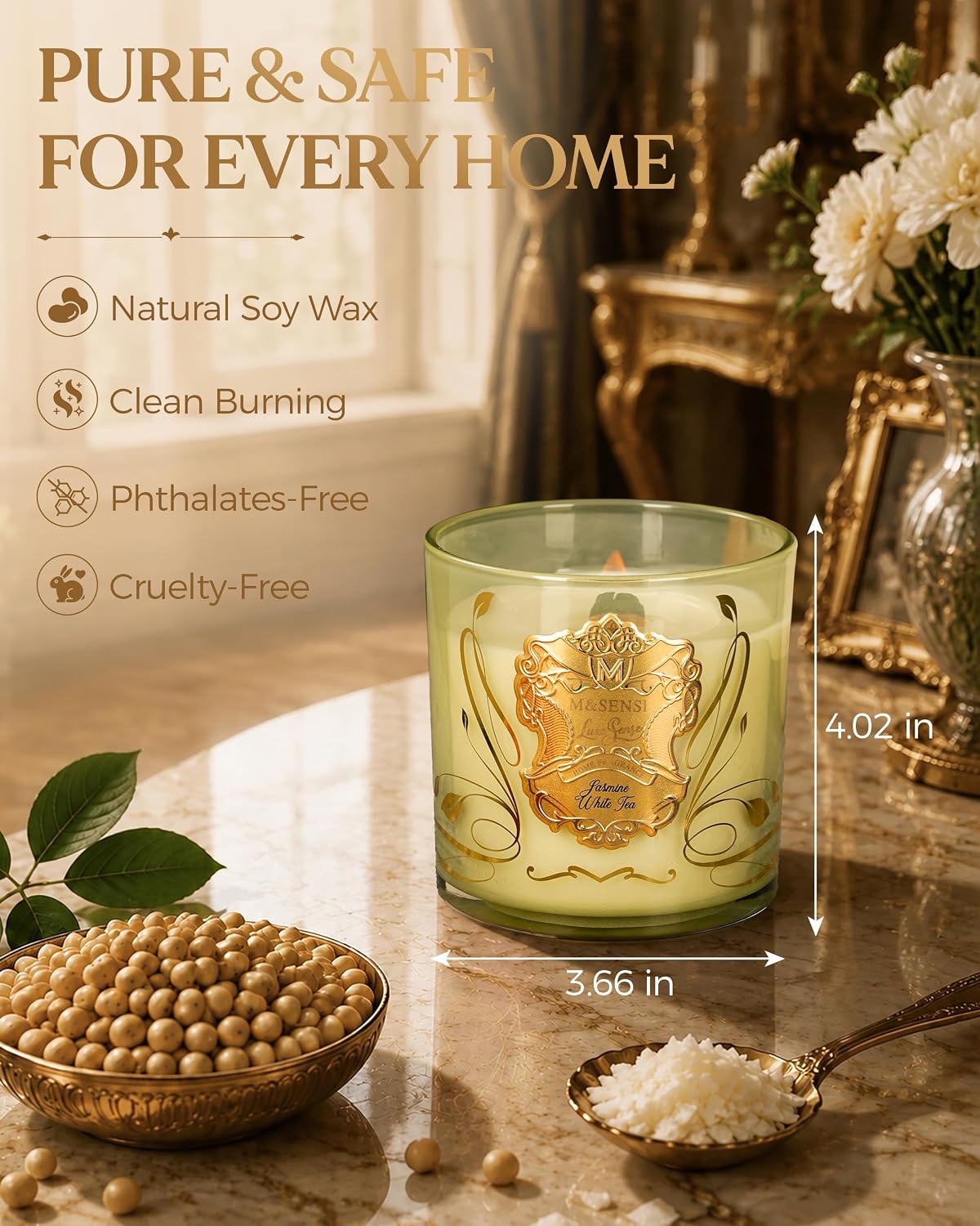 M&SENSE Jasmine White Tea Scented Crackling Wooden Wick Candle 13oz 75h