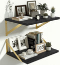 Heimlove 12 Inch Deep Black Floating Shelves，Wood Wall Shelves 16" W x 12" D Set of 2,Wall Mounted Shelves for Living Room, Bedroom, Kitchen, Bathroom,Closet and Decor Storage，Gold Bracket