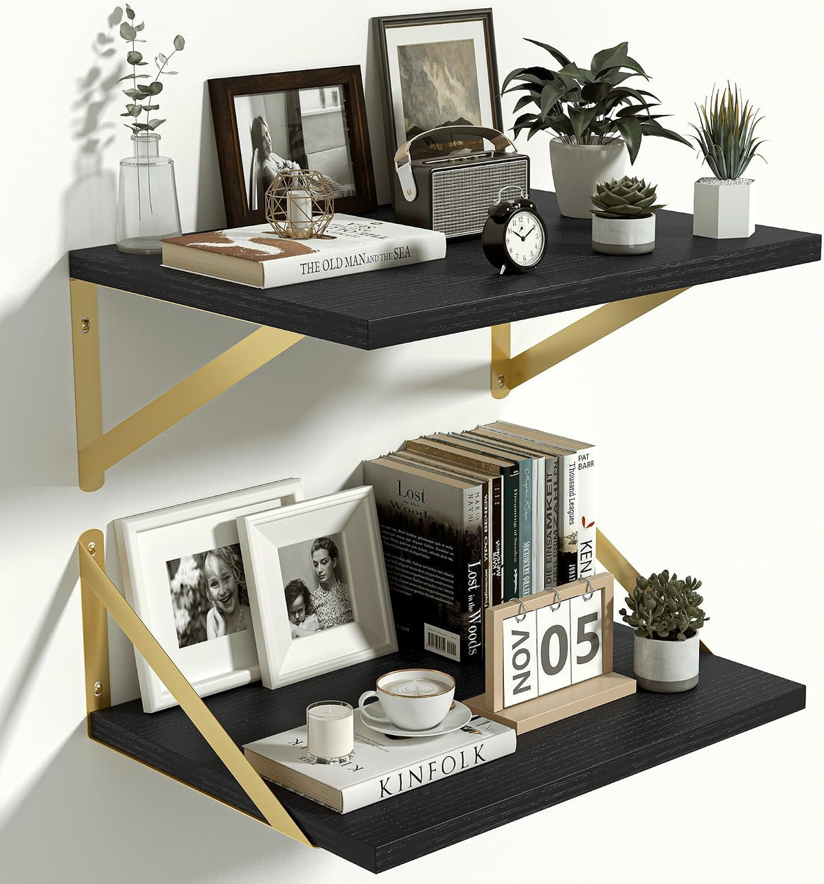 Heimlove 12 Inch Deep Black Floating Shelves，Wood Wall Shelves 16" W x 12" D Set of 2,Wall Mounted Shelves for Living Room, Bedroom, Kitchen, Bathroom,Closet and Decor Storage，Gold Bracket