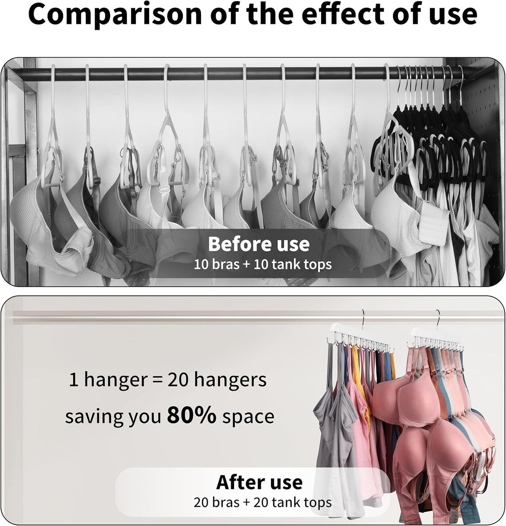 Bra Hangers for Closet Organizer,Tank Top Hanger with 20 Hooks,Space Saving Wooden Adjustable Hangers,Closet Organizers and Storage Suitable for Dorm,Apartments (2, White)