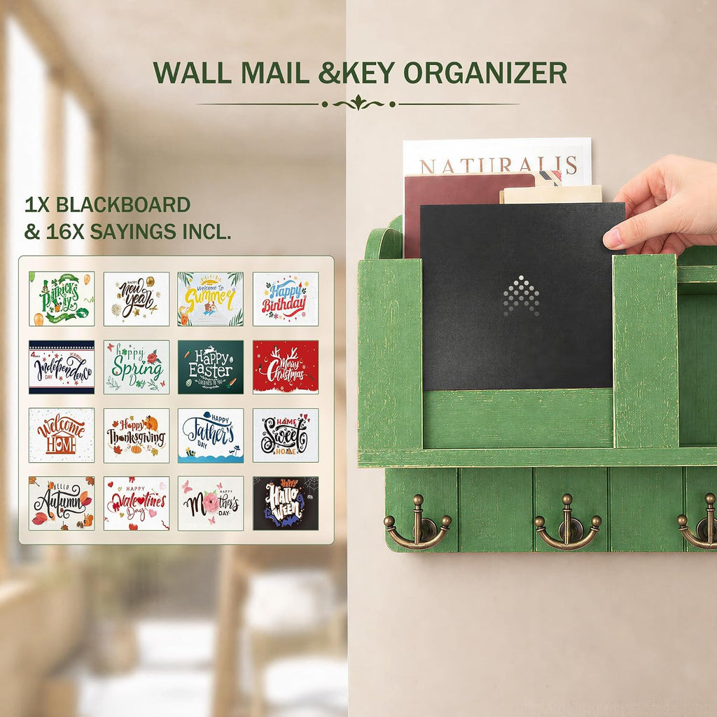 Key Holder Wall Mount with Chalkboard & 4 Key Hooks for Home Decor, Green
