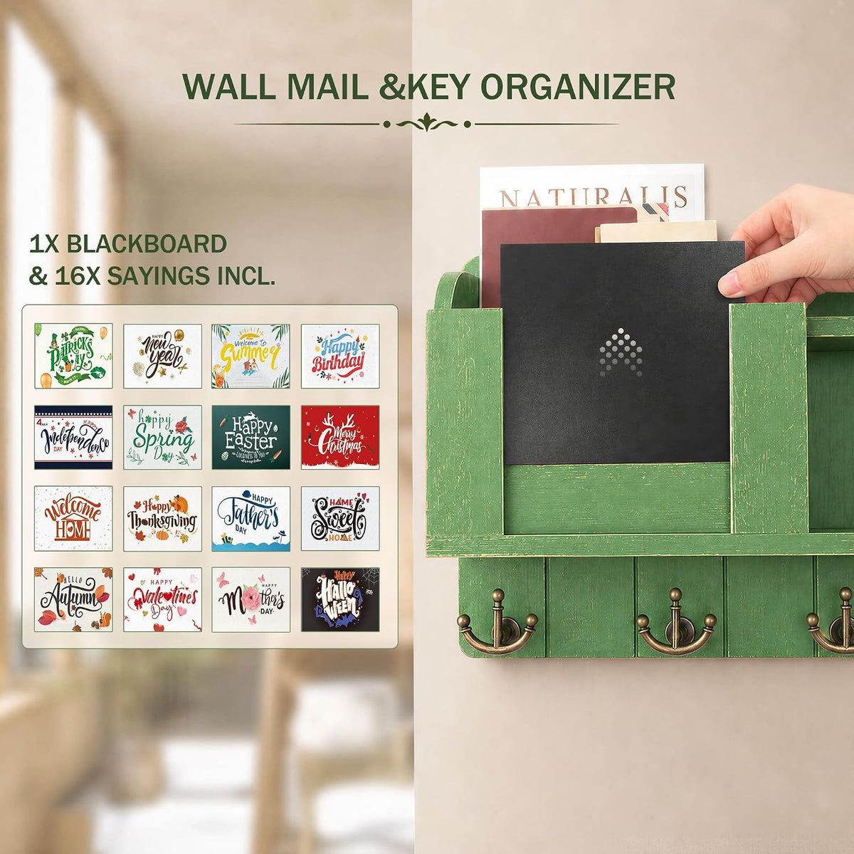 Key Holder Wall Mount with Chalkboard & 4 Key Hooks for Home Decor, Green