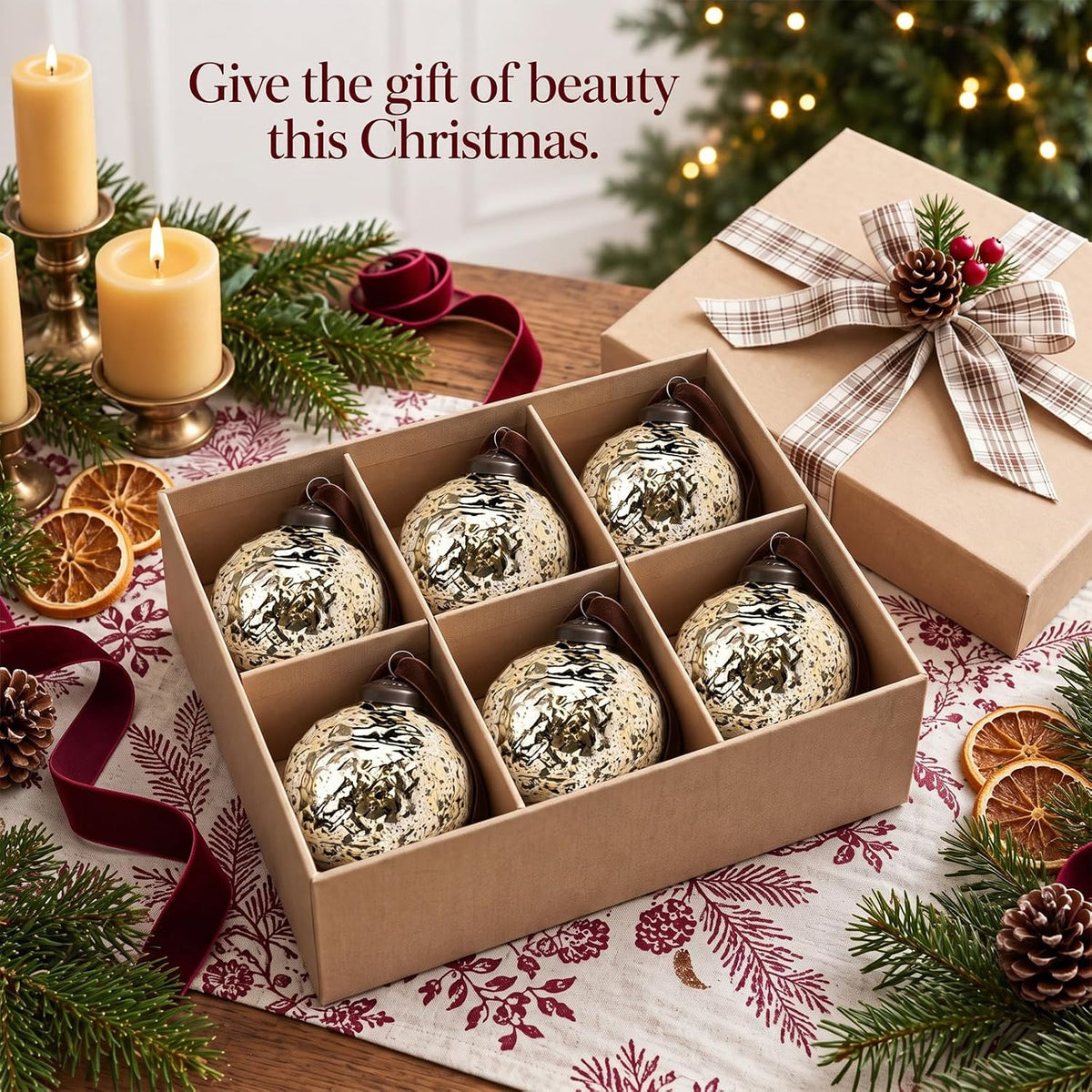 Threan 6 Pcs Vintage Gold Mercury Glass Christmas Ornaments, Polka Dot
