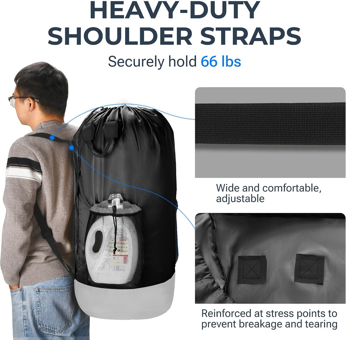 Large Heavy Duty Backpack Laundry Bag with Shoulder Straps & 2 Mesh Pockets