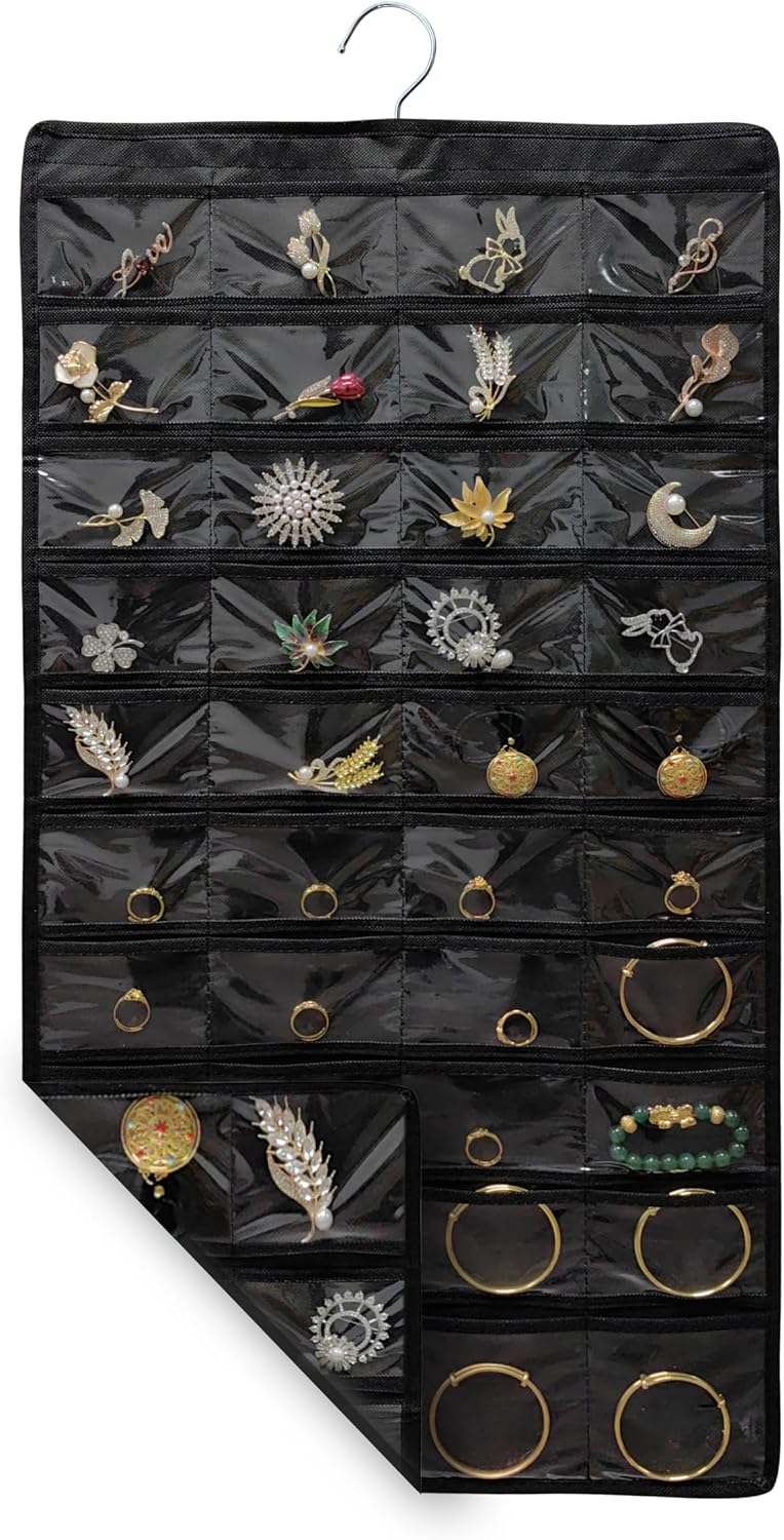 2 PACK (Each Pack 80 Pockets,Total 160 Pockets) Hanging Jewelry Organizer with Hanger Metal Hooks Storage On Wall Door Closet Double-Sided Jewelry Holder for Earrings, Necklaces, Rings (2 Pcs Black)