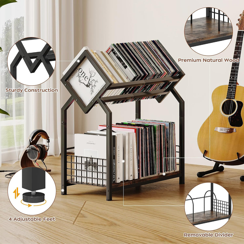 Homeiju 2-Tier Vinyl Record Storage Holder with Dividers, 24.4''W Vinyl Record Display, 300 LPs Vinyl Record Storage Rack, Suitable for Magazines, Books, Documents, Albums