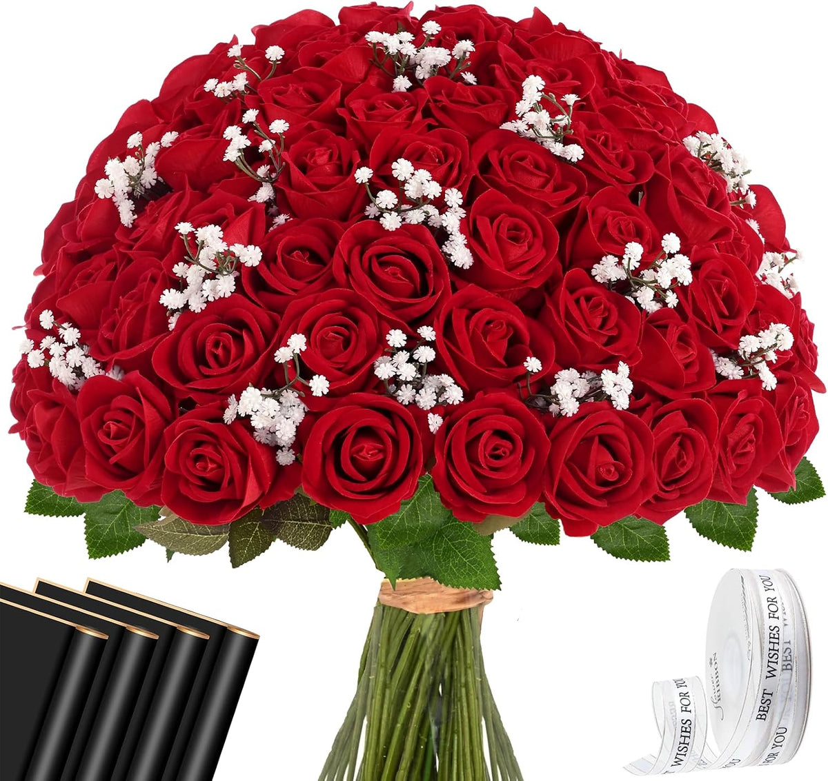 Waipfaru 50 Pcs Red Roses with Baby Breath