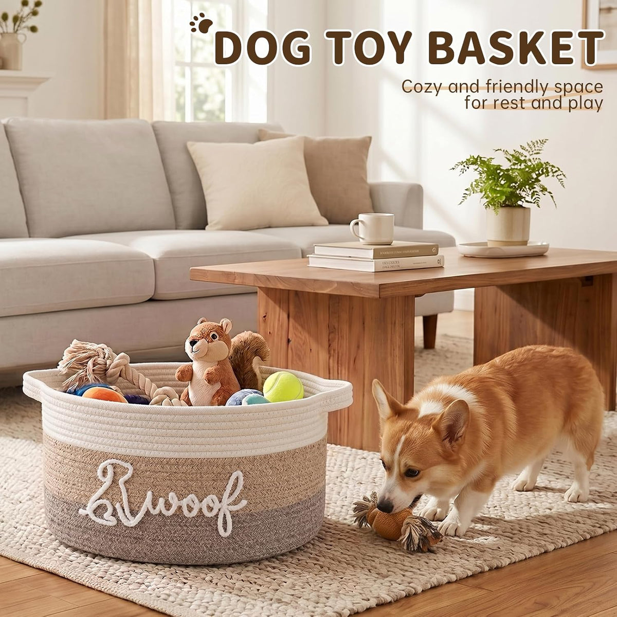 OIAHOMY 22L Large Dog Toy Basket, 16.5"x11.4"x9" Cotton Rope Basket with Cute Woof Embroidery, Soft Woven Pet Toy Box with Handles for Blankets, Leashes & Puppy Accessories, Decorative Organizer Brown