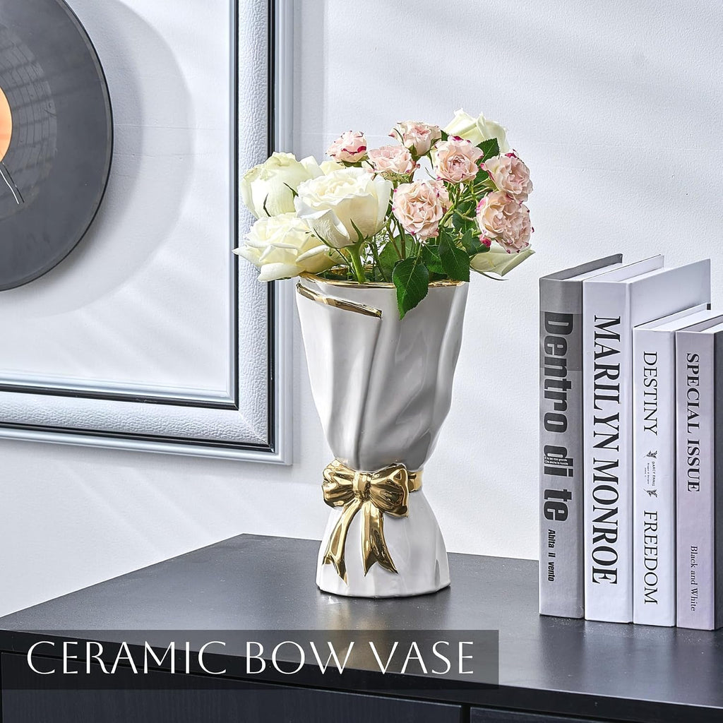 White and Gold Vase, Bow Vase for Home Decor