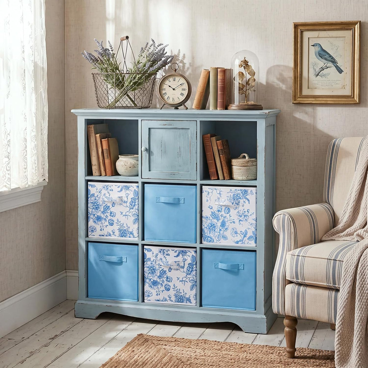 Geelin 6 Pcs Blue and Blue Floral Cube Storage Bins 11 Inch Storage Basket