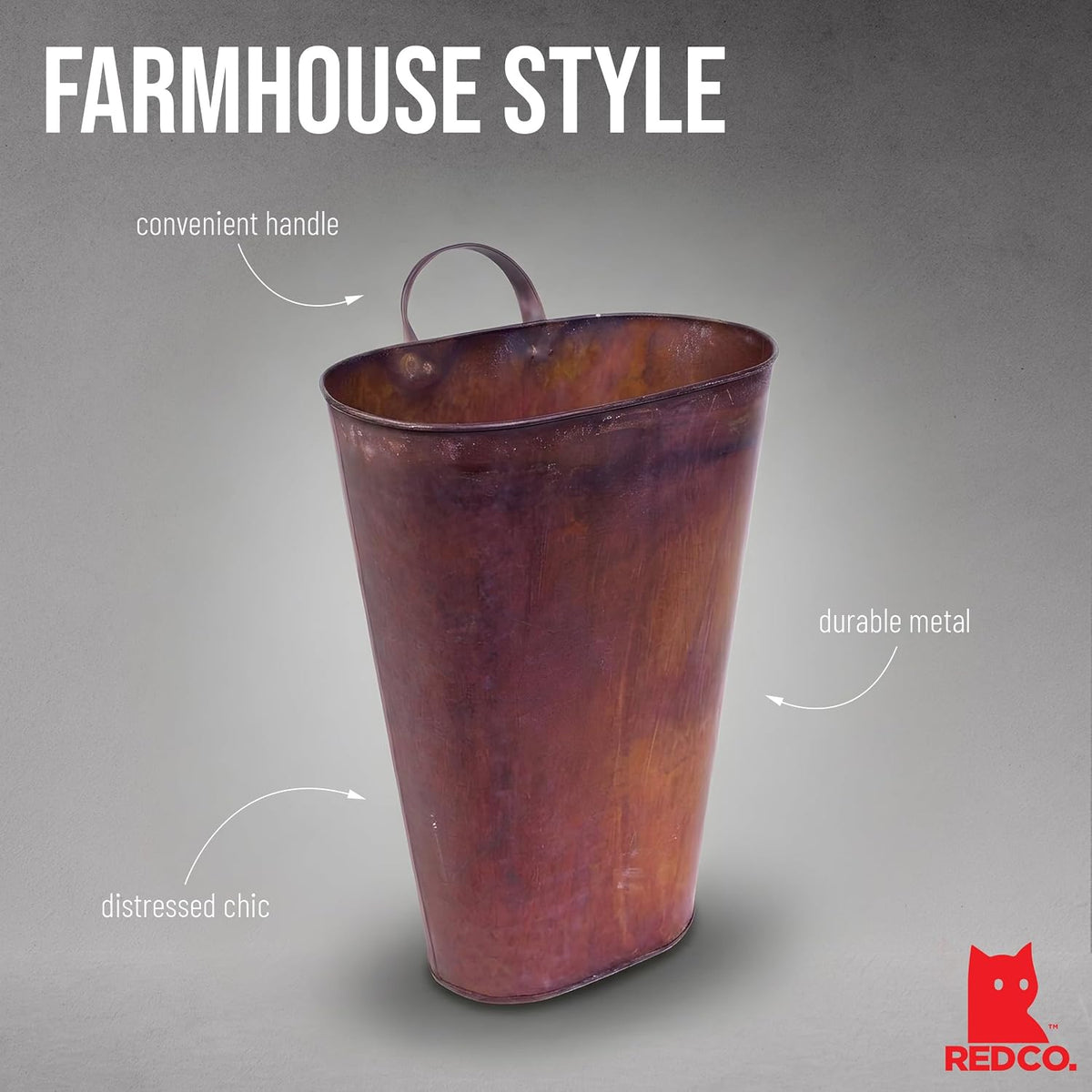 Red Co. 15.5” Farmhouse Galvanized Metal Floor-Standing & Wall-Hanging Umbrella Bucket with Handle, Rusted Brown