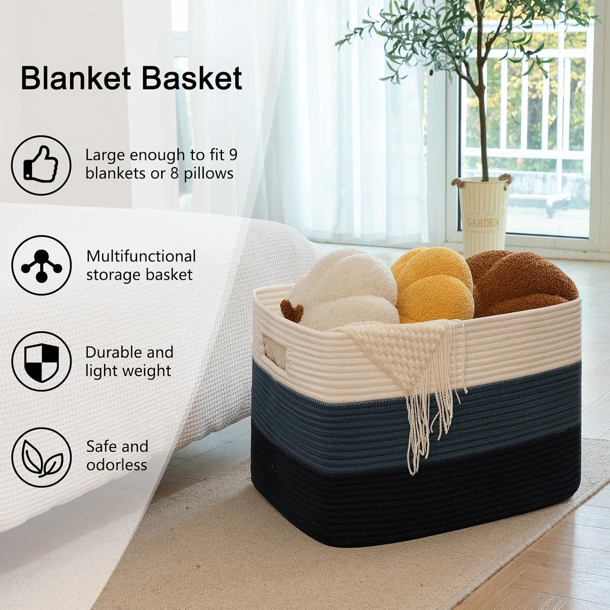 OIAHOMY 118L Extra Large Blanket Basket Cotton Rope Storage Basket Blue