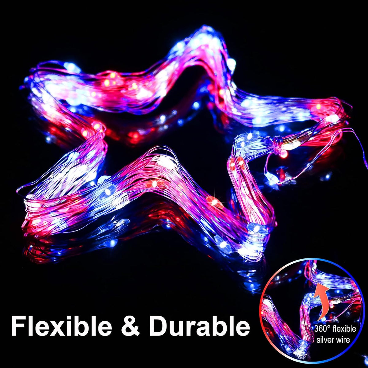 Patriotic Red White and Blue Fairy String Lights Battery Operated