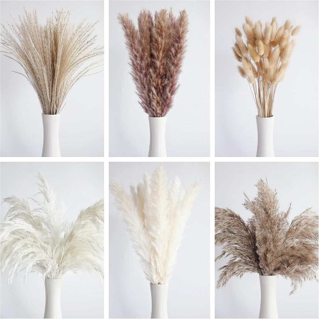 120 PCS Dried Pampas Grass Bouquet, Boho Table Decor, Bunny Tails Dried Flowers, Brown Pompas, White Pampas Grass for Wedding, Home, Rustic Party, Baby Shower Decorations