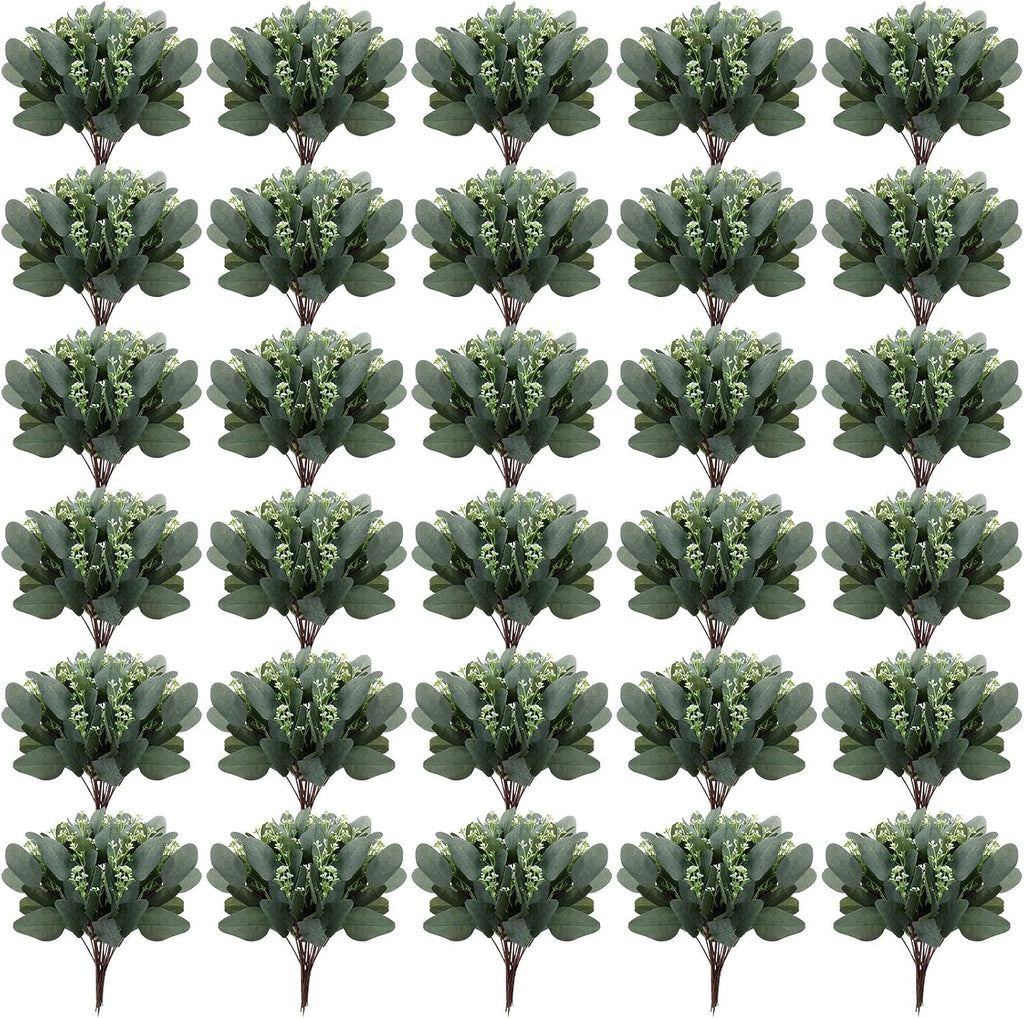 Hoteam 180 Pcs Eucalyptus Stems Decor Artificial Eucalyptus Leaves Greenery Stems Artificial Silver Dollar with White Seeds Grey Green Short Faux Leaves Branches for Wedding Bouquet Farmhouse Decor