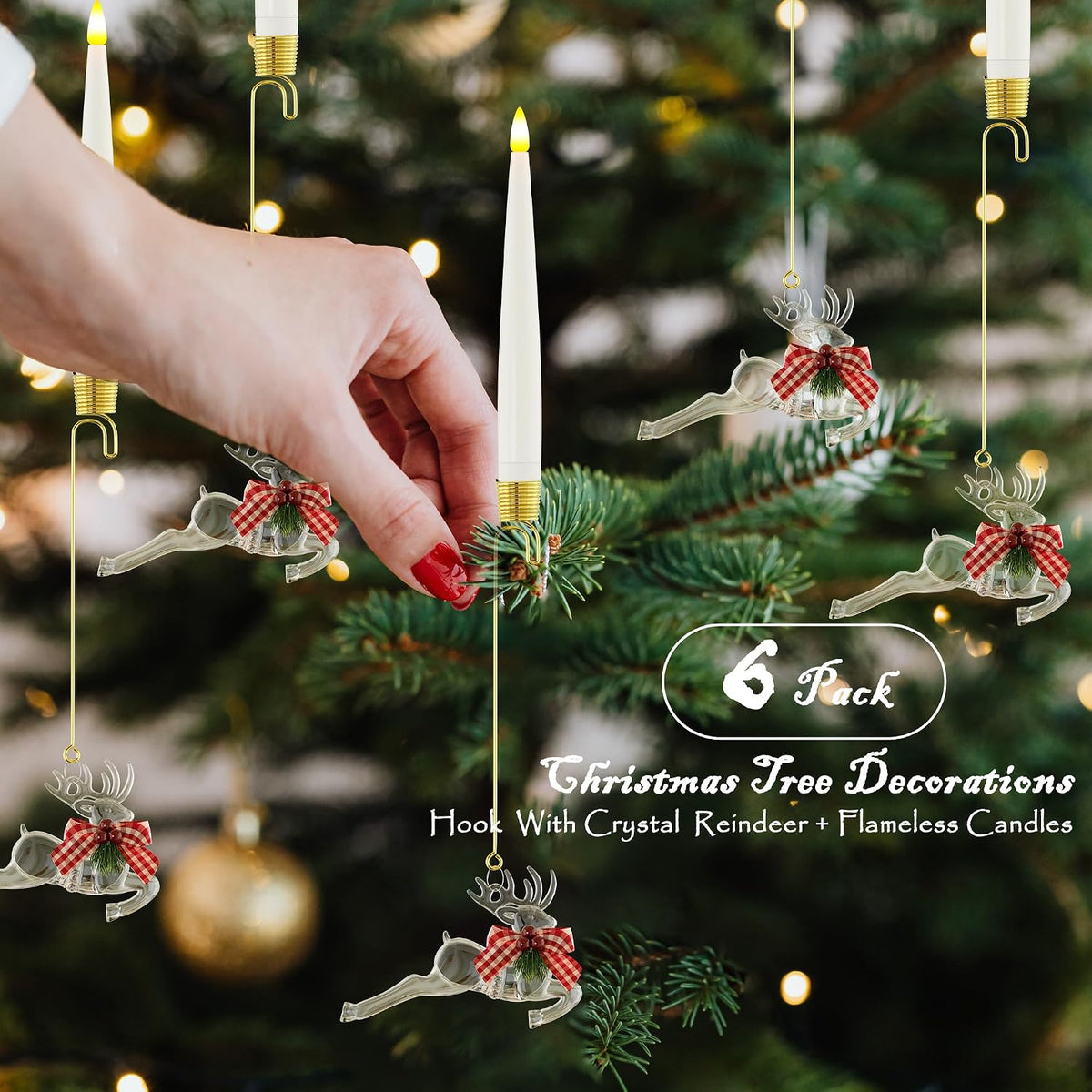 JOIONE Christmas Tree Candles, 6 Pack Cute Deer Tree Hanging Decor