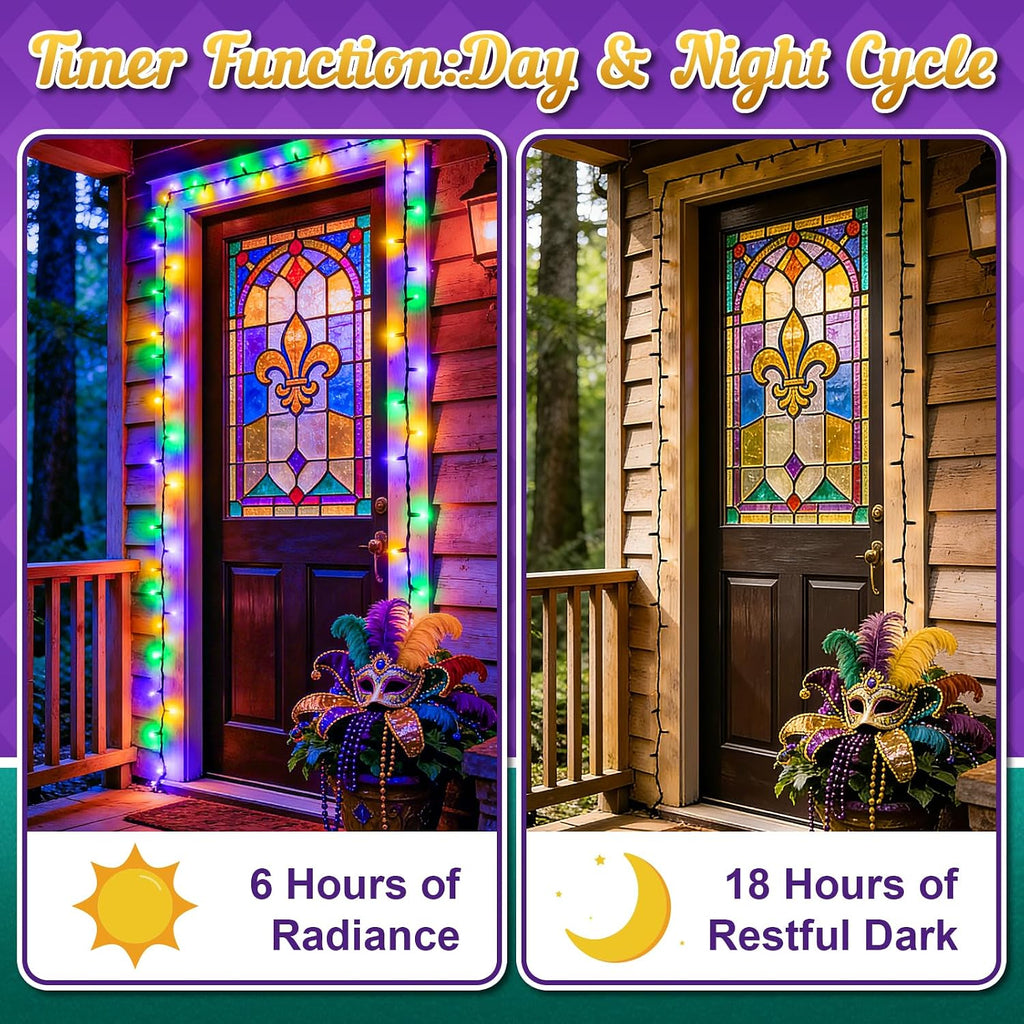 cshare Purple Green and Yellow Lights Battery Operated, Mardi Gras Lights with Timer Waterproof 16.4ft 50 LED Indoor Outdoor Mardi Gras Decorations Garland Party Patio Garden Yard
