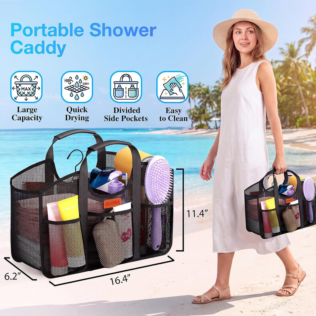 HESPER Mesh Shower Caddy for College Dorm with Hook and Soft Handles