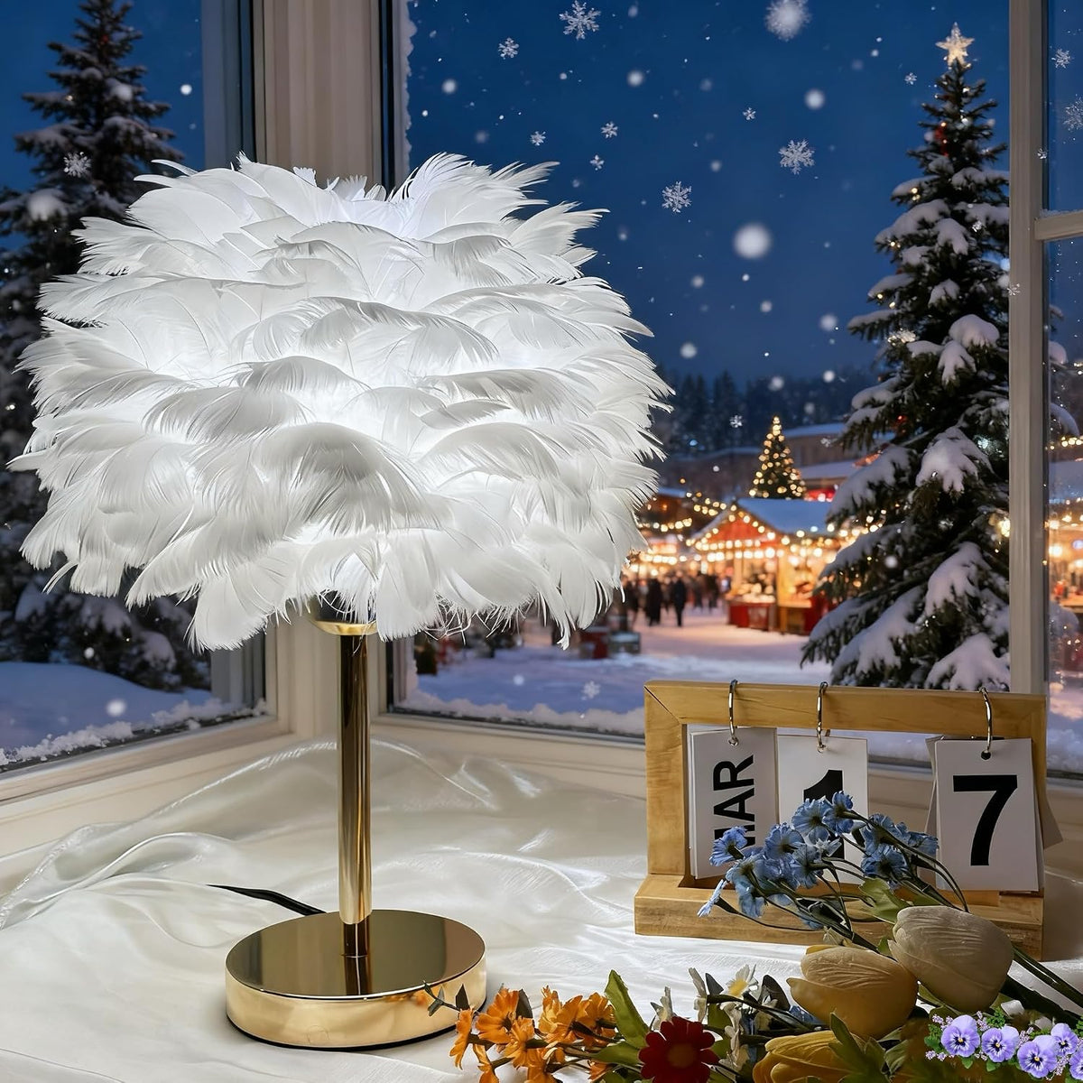 White Feather Table Lamp with Gold Finish - 3 Color Changing LED Bedside Desk Lamp, Modern Elegant Decor for Hotel Wedding Living Room, Ideal Gift for Women