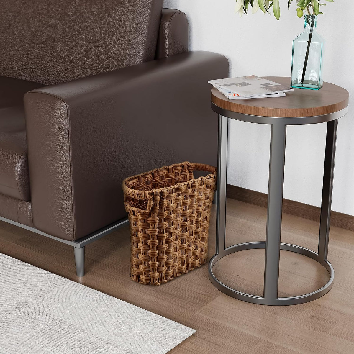 Brown Wicker Waste Basket with Built-in Handles - Multifunctional Mini Wicker Trash Can for Home and Office - Compact Design and Durable Construction with Fine Artisanal Craftsmanship
