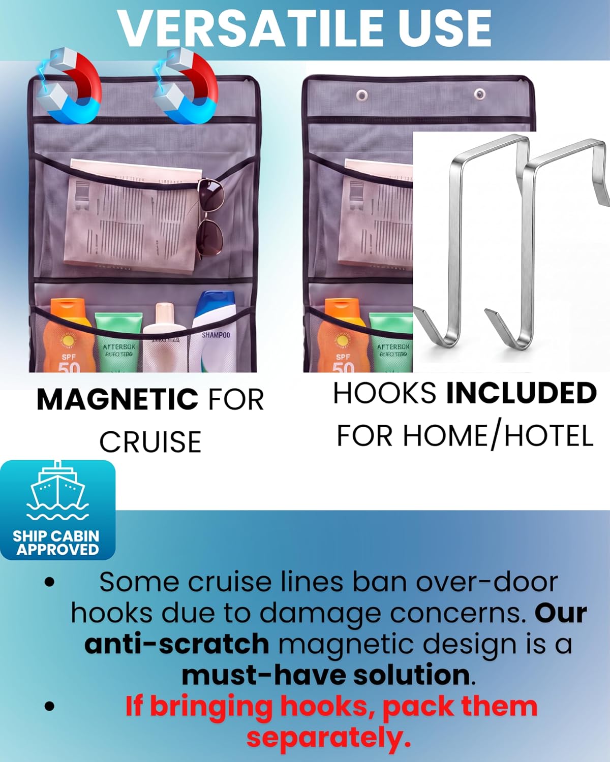Magnetic Cruise Organizer 5 Pockets, 51" x 13" With Pocket Size 8" x 12,5" - Over The Door Organizer For Cruise Ships, Magnetic + Hook Mount, Large Durable Pockets for Cruise Essentials 2027