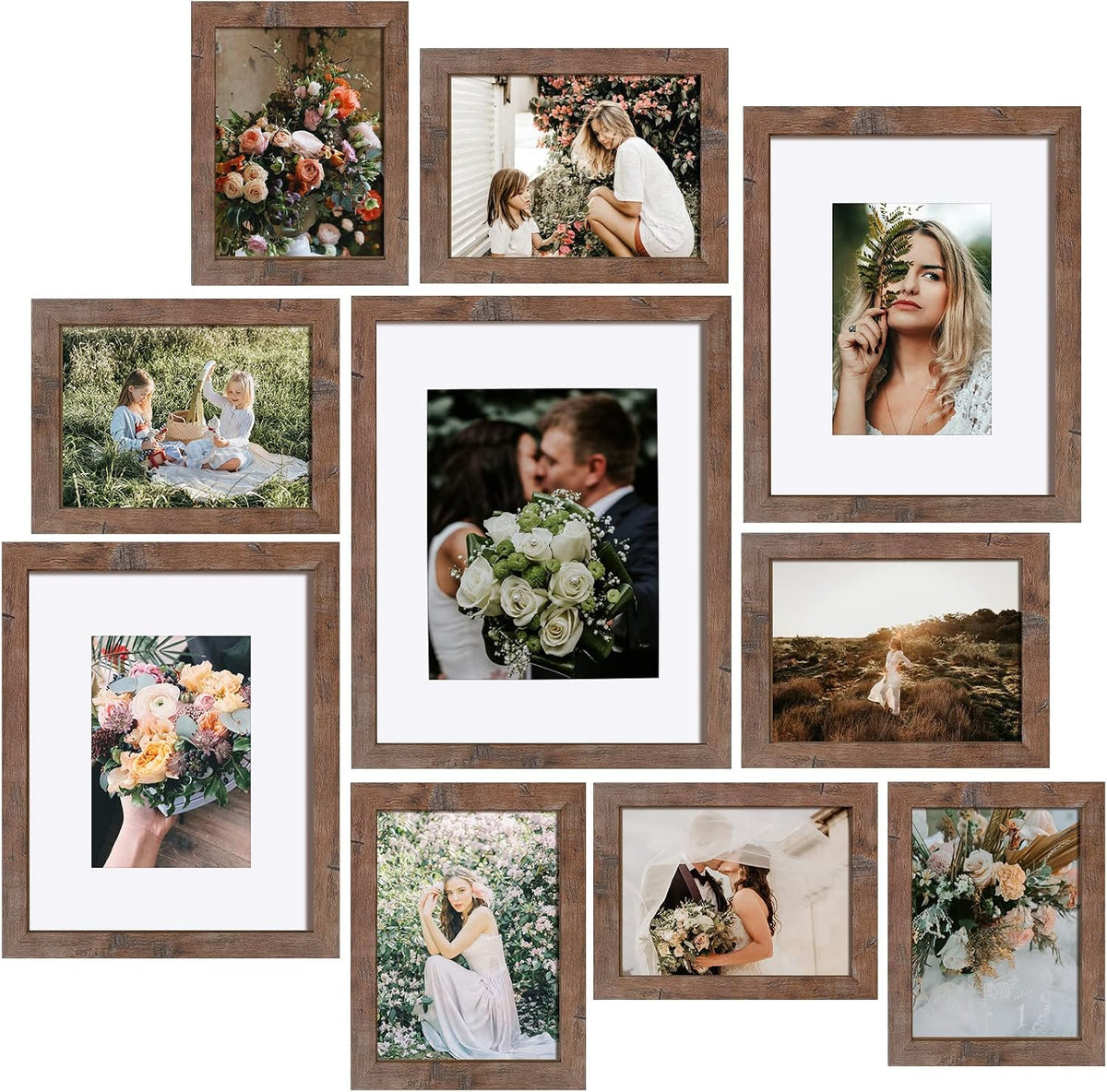 SESEAT Picture Frames Collage, Gallery Wall Frame Set with 11x14 8x10 5x7 4x6 Frames in Brown Finishes, Set of 10
