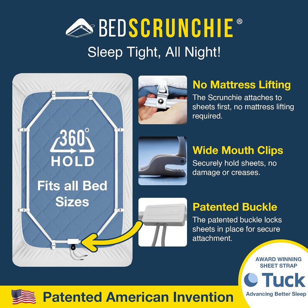 BED SCRUNCHIE Sheet Holder Straps (2 Pack) - Heavy Duty Gripper Clips - Strengthened Parachute Cord - 360 Degree Bed Sheet Tightener - Strongest and Effective Extender - Fits All Mattress Sizes