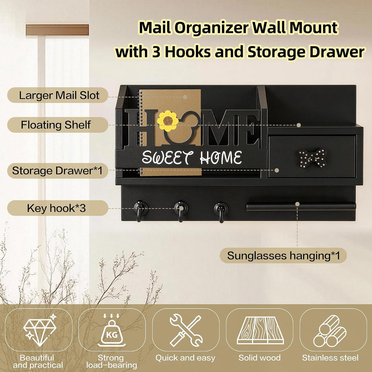 Key Holder Wall Mount with 3 Hooks and Storage Drawer, Home Mail Organizer