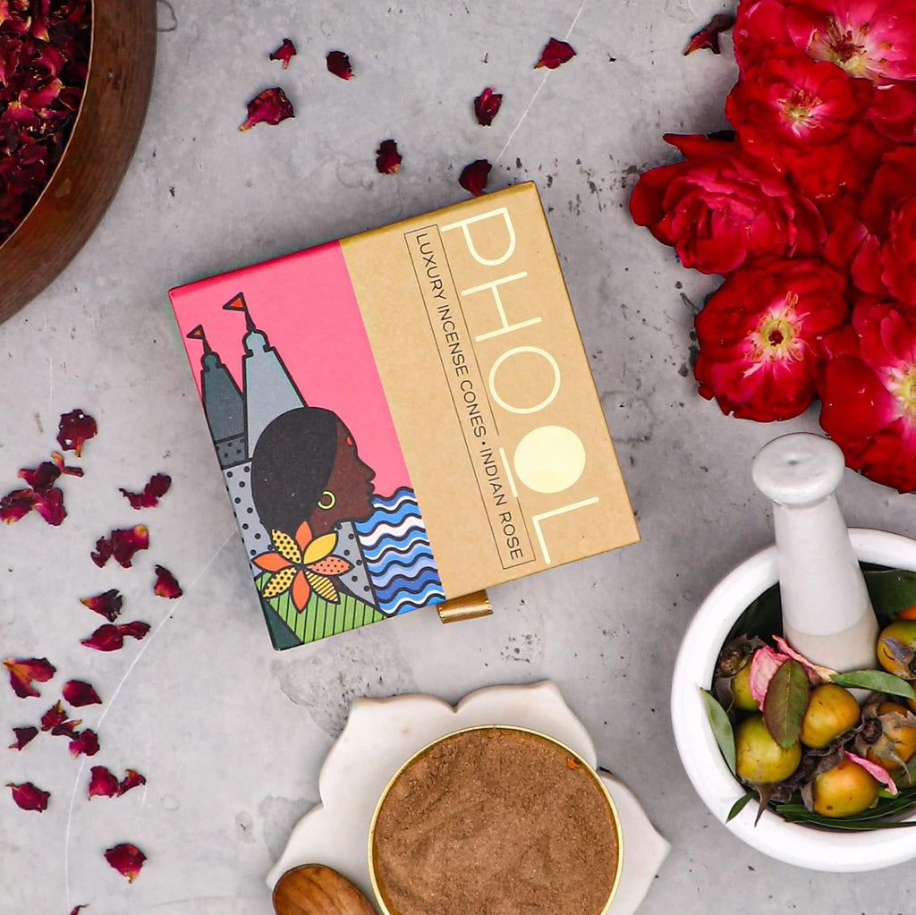 PHOOL LUXURY INCENSE Natural Incense Cones (Bundle Pack of 4) I Special Pack Floral Fragrances - Indian Rose, Tuberose, Lavender, Nagchampa I Organic Dhoop Cones I Chemical & Charcoal Free