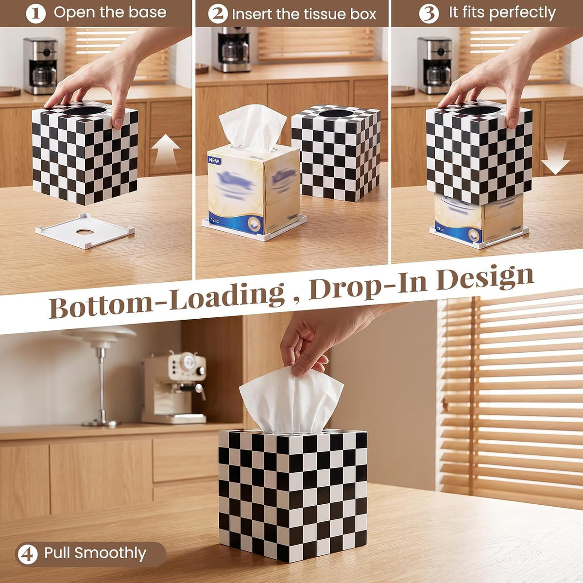 Tissue Box Cover, Square, Classic Checkerboard Pattern, Plastic, Modern