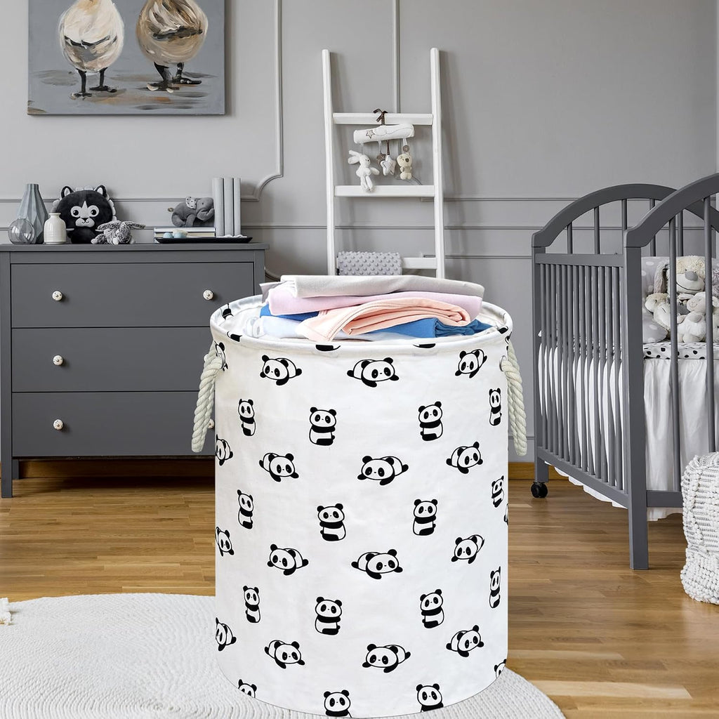 Cute Panda Round Laundry Basket, Foldable Cotton Linen Storage Hamper with Handles, Large Storage Bin for Clothes, Toys, Bedroom, Dorm, Home Decor and Gift Basket