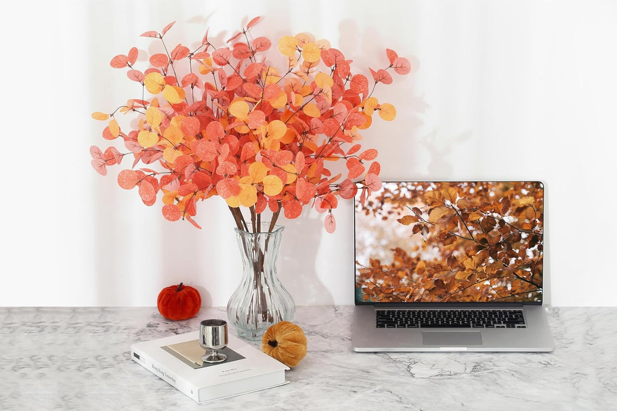 SITUMEIZI 6 Pcs Thanksgiving Decoraitons Fall Stems Eucalyptus Artificial Flowers with Eucalyptus Leaves Autumn Decor for Office and Home Fall Halloween Table Centerpiece Floral Arrangement Decor