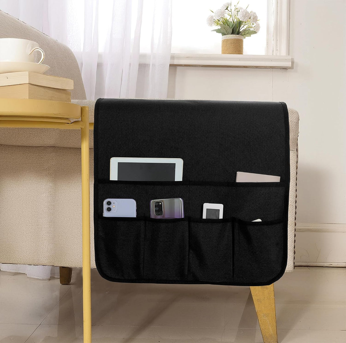 Faux Linen Armchair Caddy for Couch 35"x19.5" Black Linen