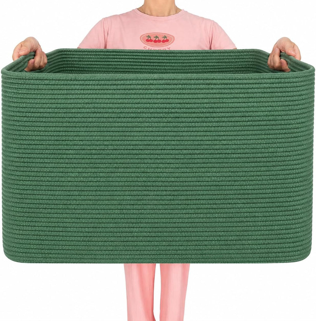 MINTWOOD Design 112L Extra Large Blanket Basket Holder Living Room, 25"x17"x16" Rectangle Rope Woven Storage Basket with Handles for Laundry, Towels, Shoes, Dog Toy Organizer Bin Box, Green