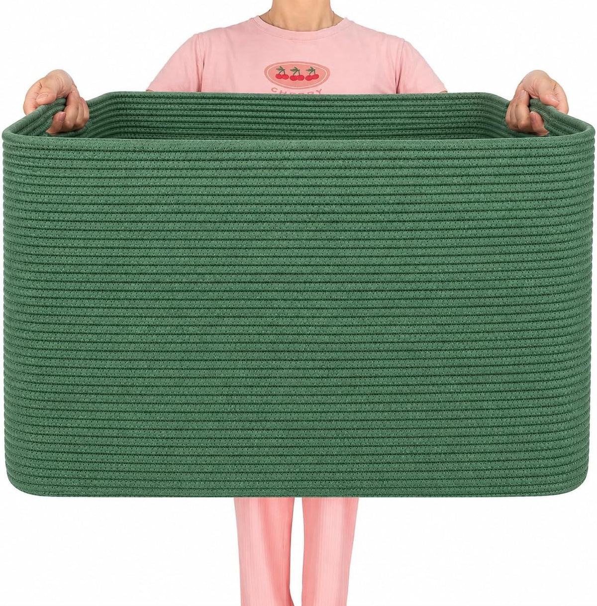 MINTWOOD Design 112L Extra Large Blanket Basket Holder Living Room, 25"x17"x16" Rectangle Rope Woven Storage Basket with Handles for Laundry, Towels, Shoes, Dog Toy Organizer Bin Box, Green