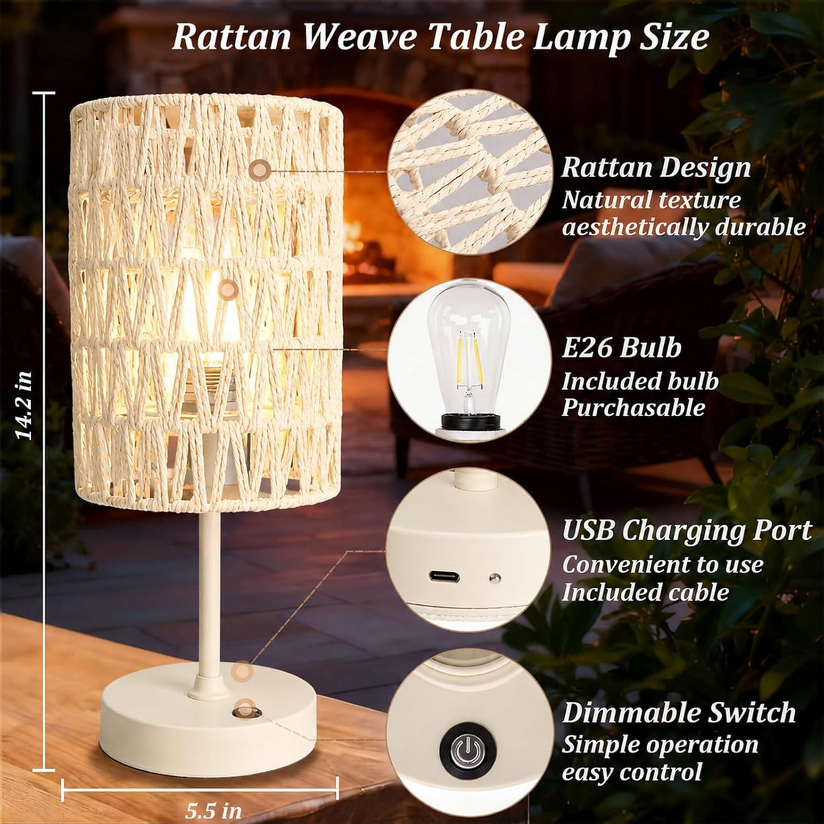 Boho Cordless Outdoor Table Lamps, Rechargeable Battery Operated Rattan Table Lamps, Stepless Dimmable, for Covered Patio, Porch, Gazebo, Living Room, Bedroom Decor- Set of 2 (Ivory White)
