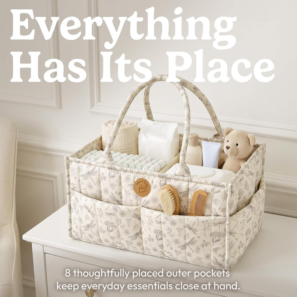 Floral Diaper Caddy Organizer - Portable Diaper Caddy with Handles & Removable Dividers - Large & Quilted Nursery Storage Basket for Girls - Woodland Nursery Decor & Wildflower Gift for Baby Shower