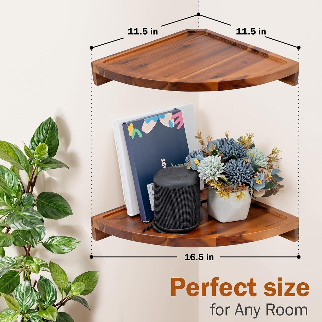Demigo Round Floating Corner Shelves, Natural Acacia Wall Shelf, Set of 2