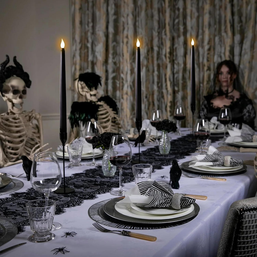 24Pcs Halloween Black Flameless Taper Candles - Battery Operated 2 AAA Long Decor for Table Decorations (No Remote)