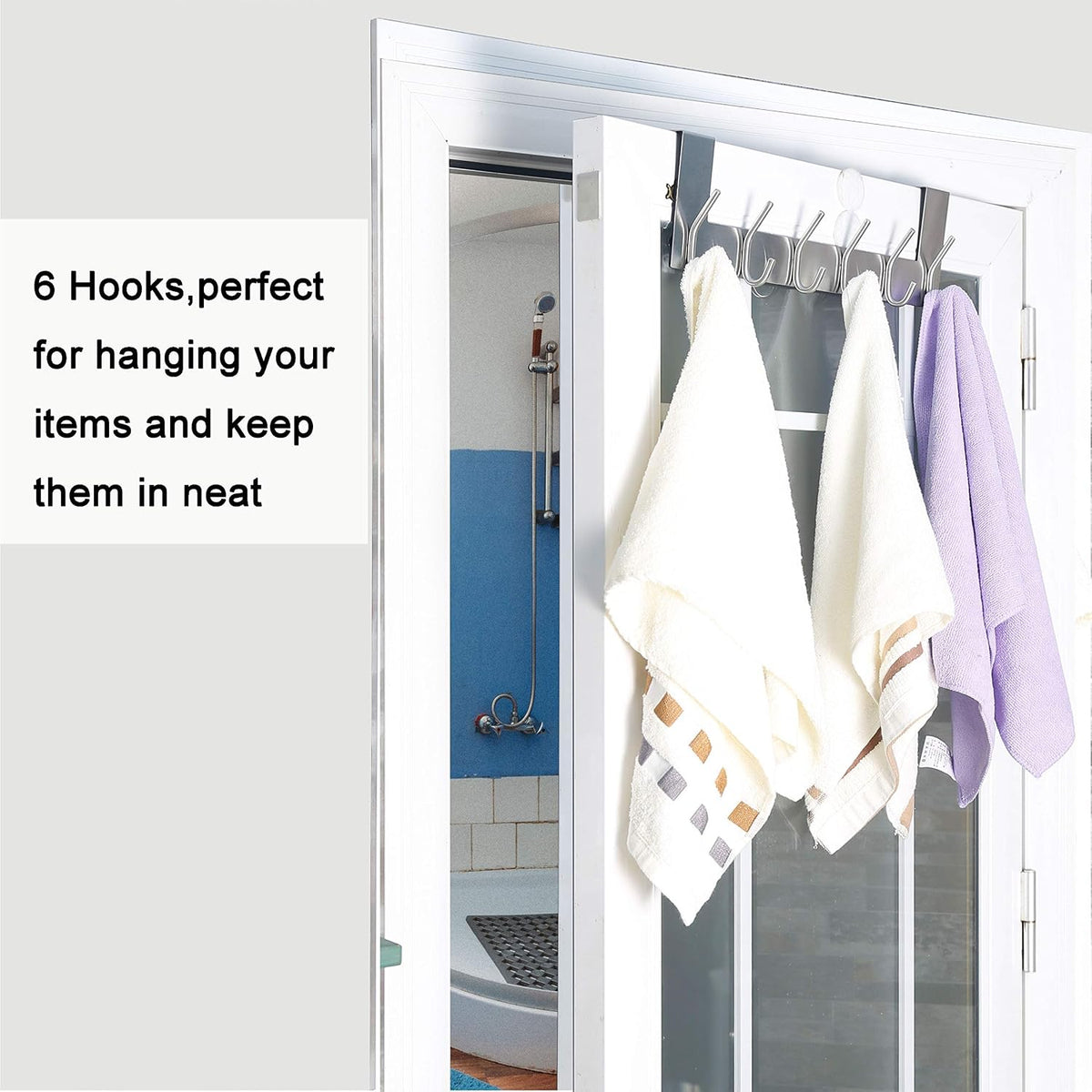WEBI Over The Door Hook Door Hanger:Over The Door Towel Rack with 6 Hooks for Hanging Coats,Towel Hanger Door Coat Hanger Over Door Coat Rack for Towels,Clothes,Back of Bathroom,Silver