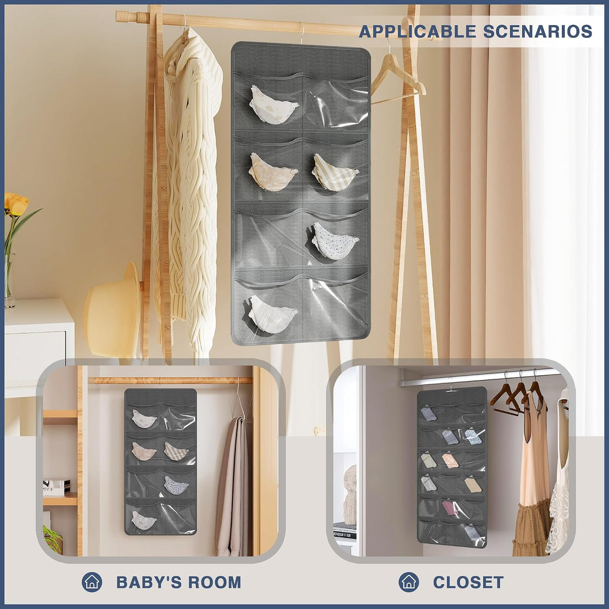 26-Pocket Hanging Closet Organizer for Socks and Underwear, Dark Gray