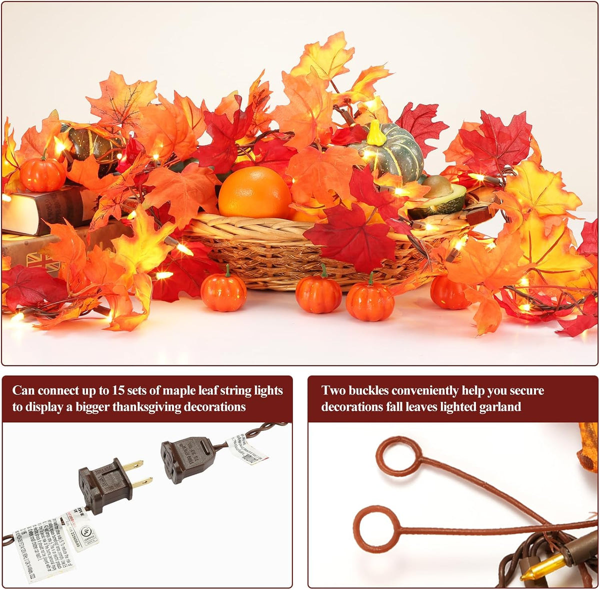 Thanksgiving Decorations Fall Maple Leaf String Lights 9FT Maple Leaves Lights 50 Orange Bulbs Lighted Fall Leaf Garland Lights Lighted Fall Garland Lights Halloween Fall Lights Indoor Outdoor