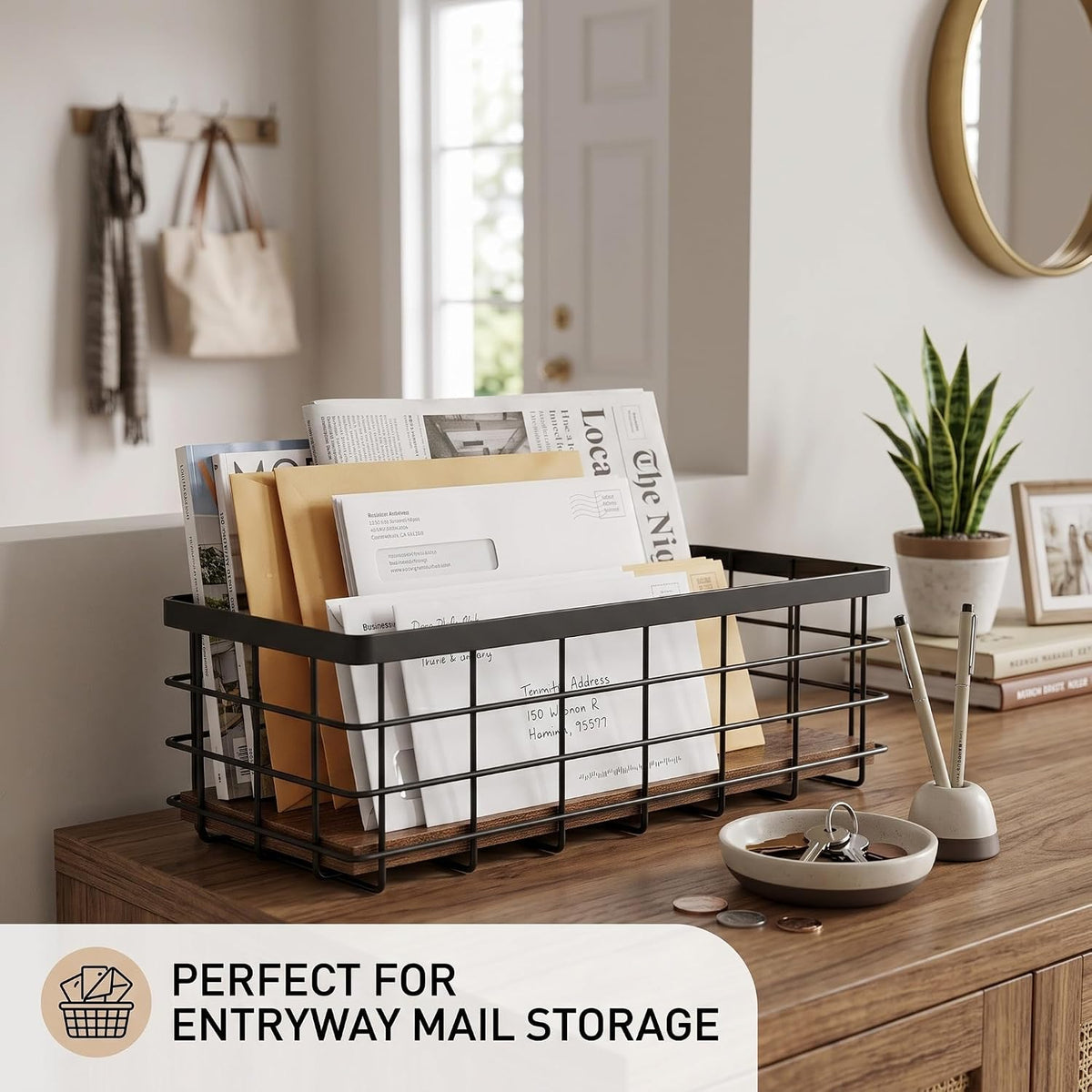 Small Black Metal Wire Storage Basket with Wood Base (Black+Brown, 4 Pack)